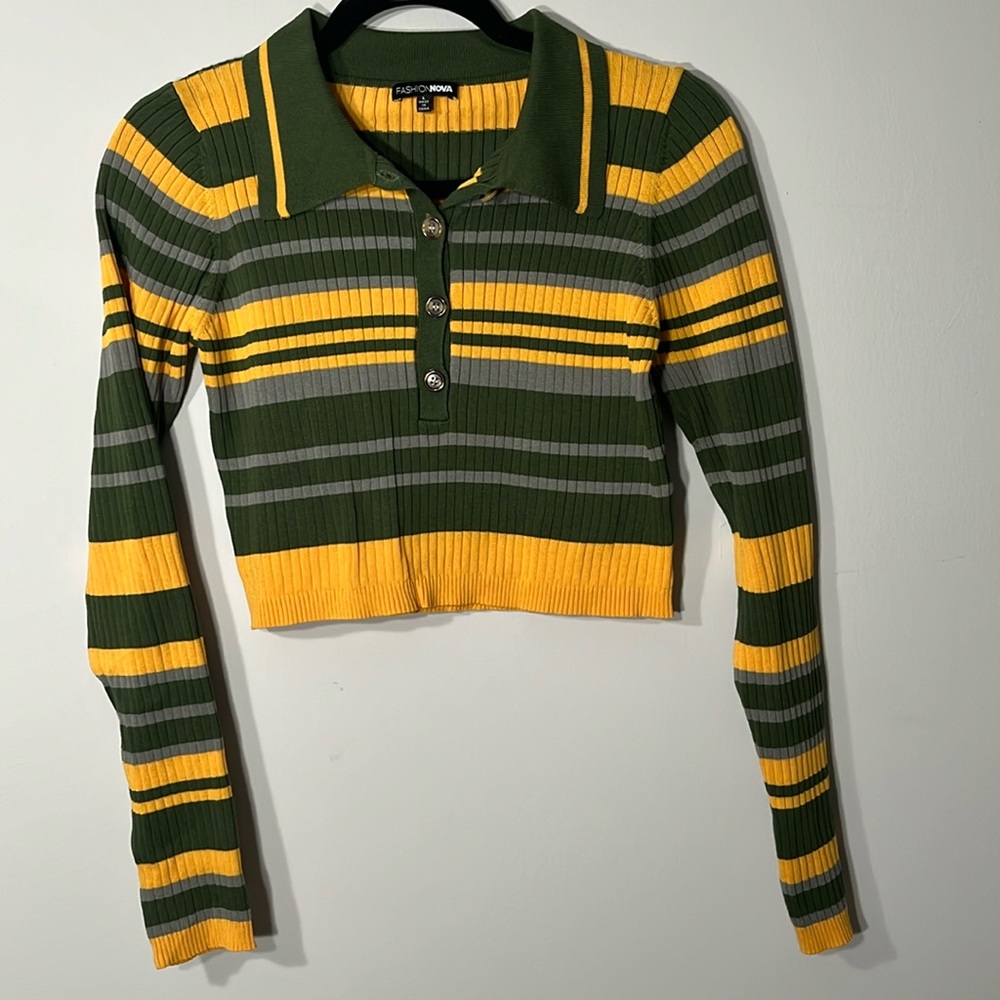 Fashion Nova Green and Yellow Striped Women's Top